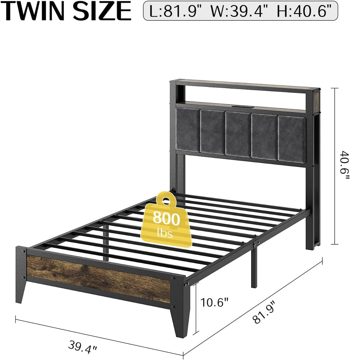 LED Charging‑Station Twin Platform Bed Frame
