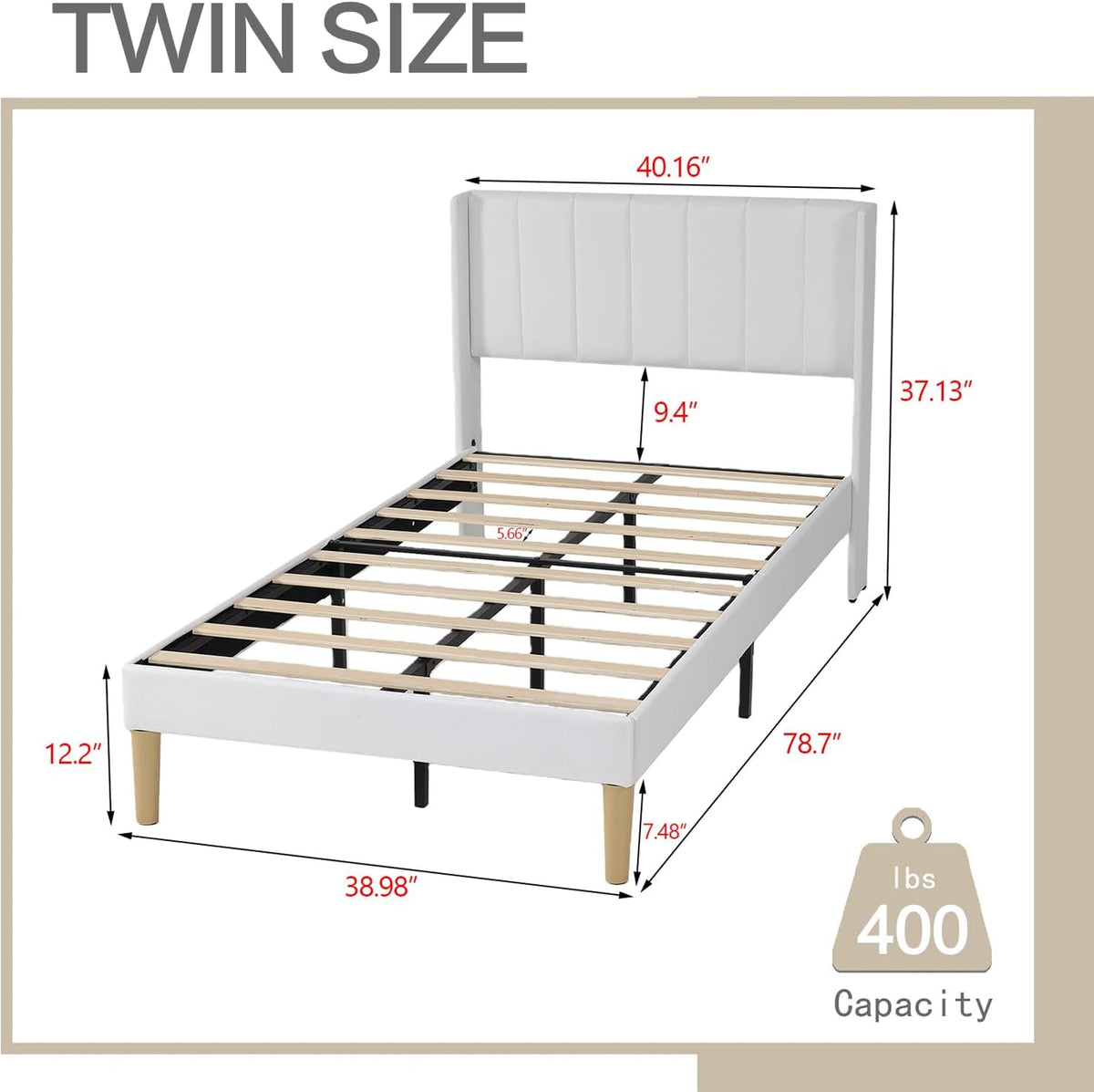 White Linen Upholstered Twin Bed Frame