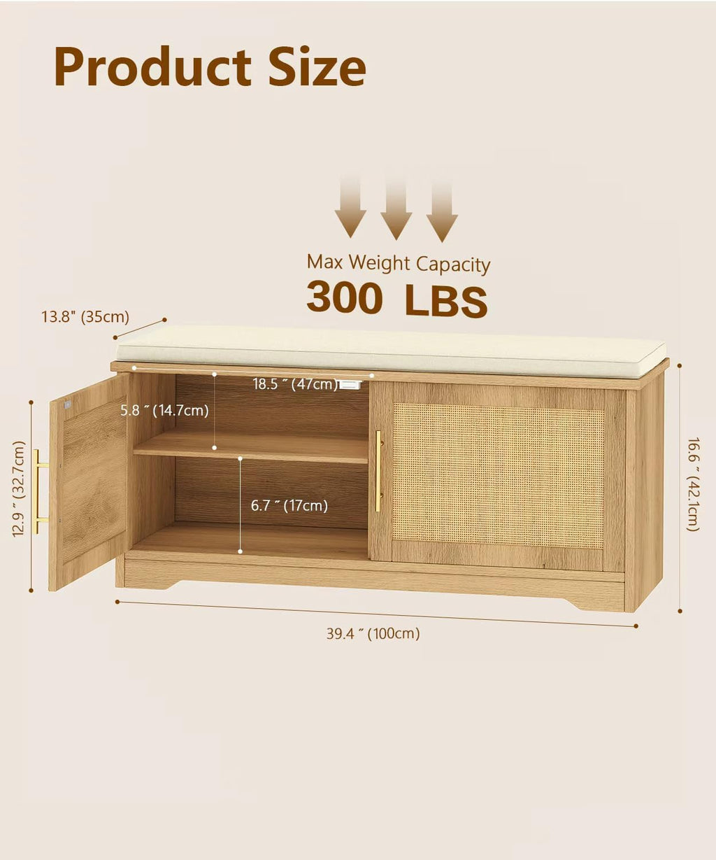 Natural Rattan Entryway Shoe Storage Bench