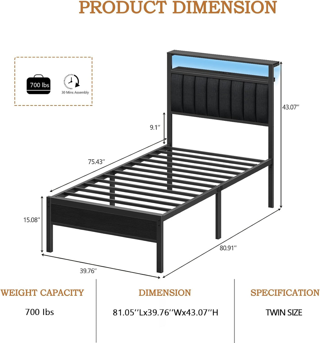 LED Charging‑Station Twin Bed Frame