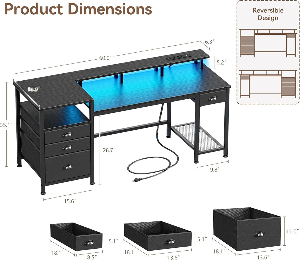 Black LED Storage Home‑Office Gaming Desk