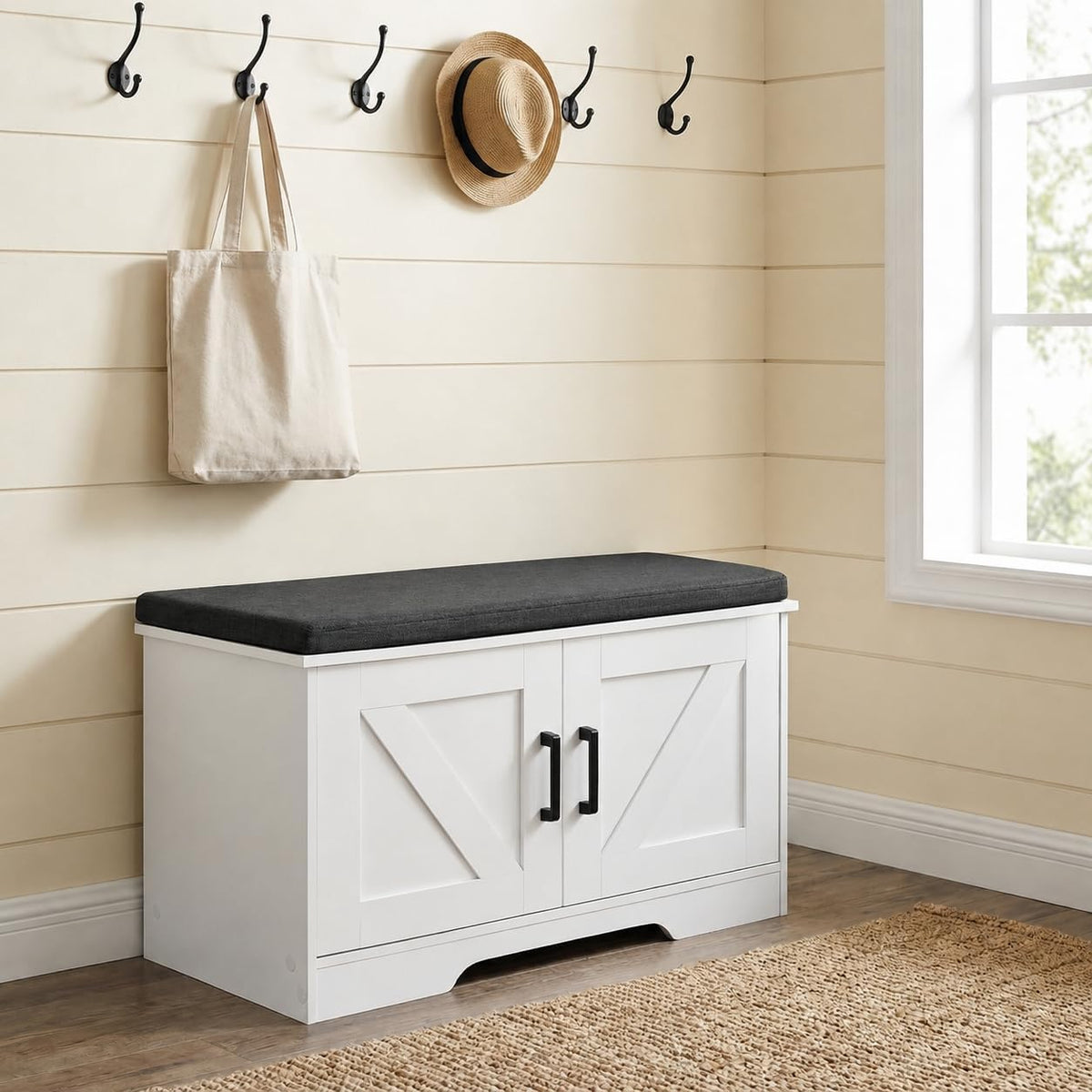 Farmhouse Cushioned Shoe Storage Bench