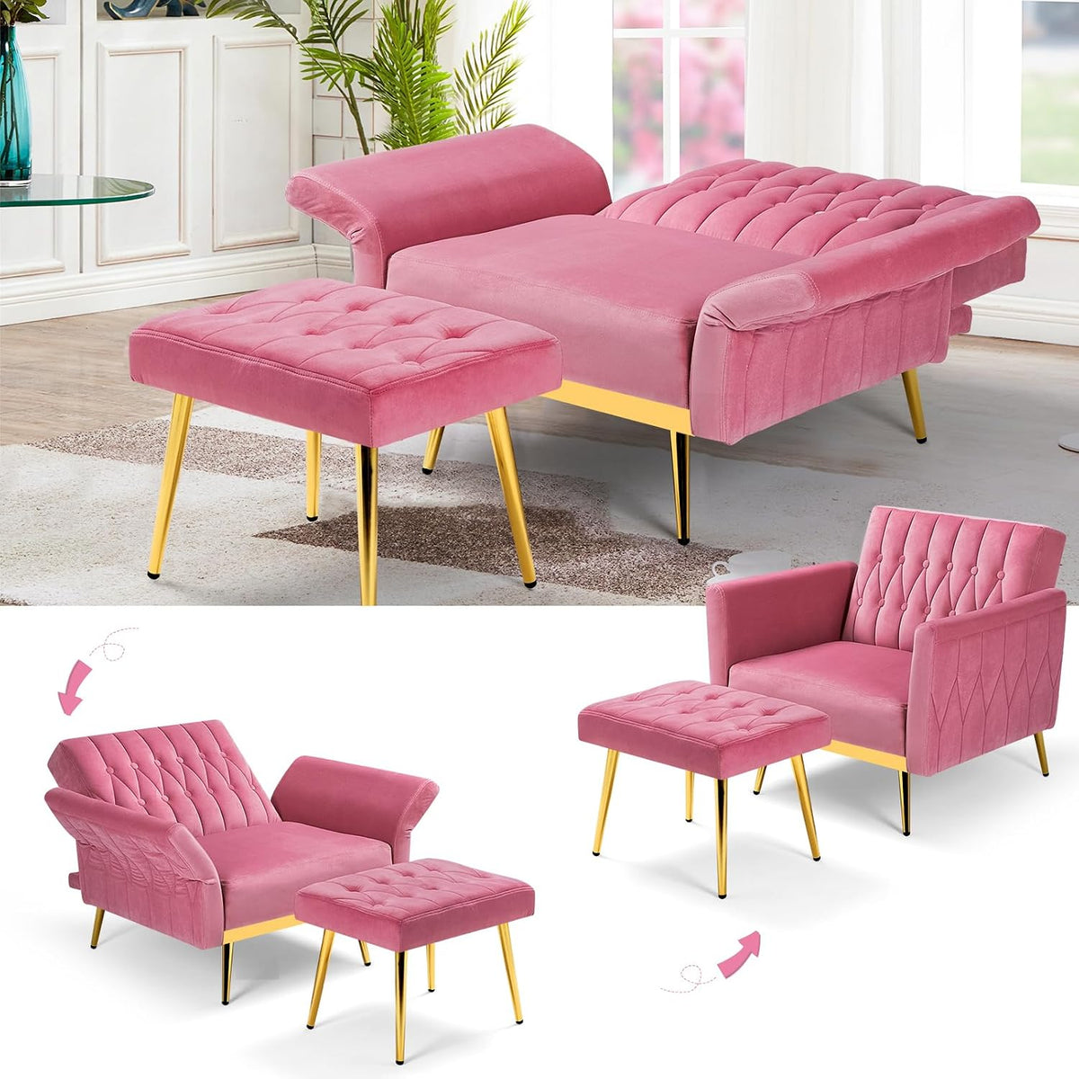 Pink Velvet Accent Chair With Ottoman