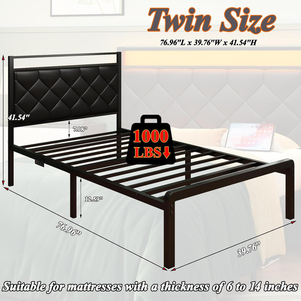 Black LED Leather Upholstered Twin Bed Frame
