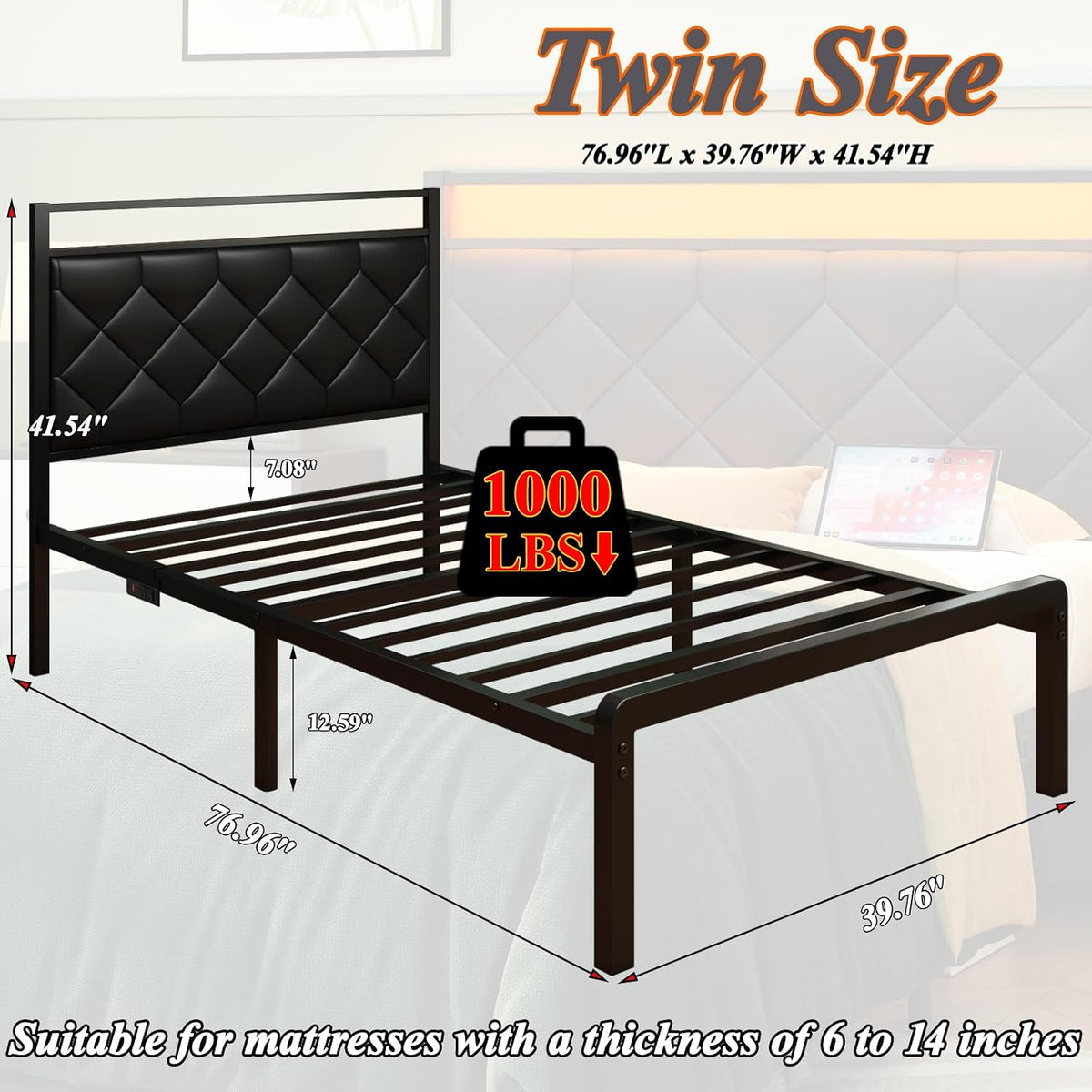 Black LED Leather Upholstered Twin Bed Frame