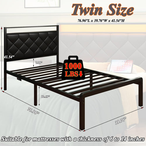 Black LED Leather Upholstered Twin Bed Frame