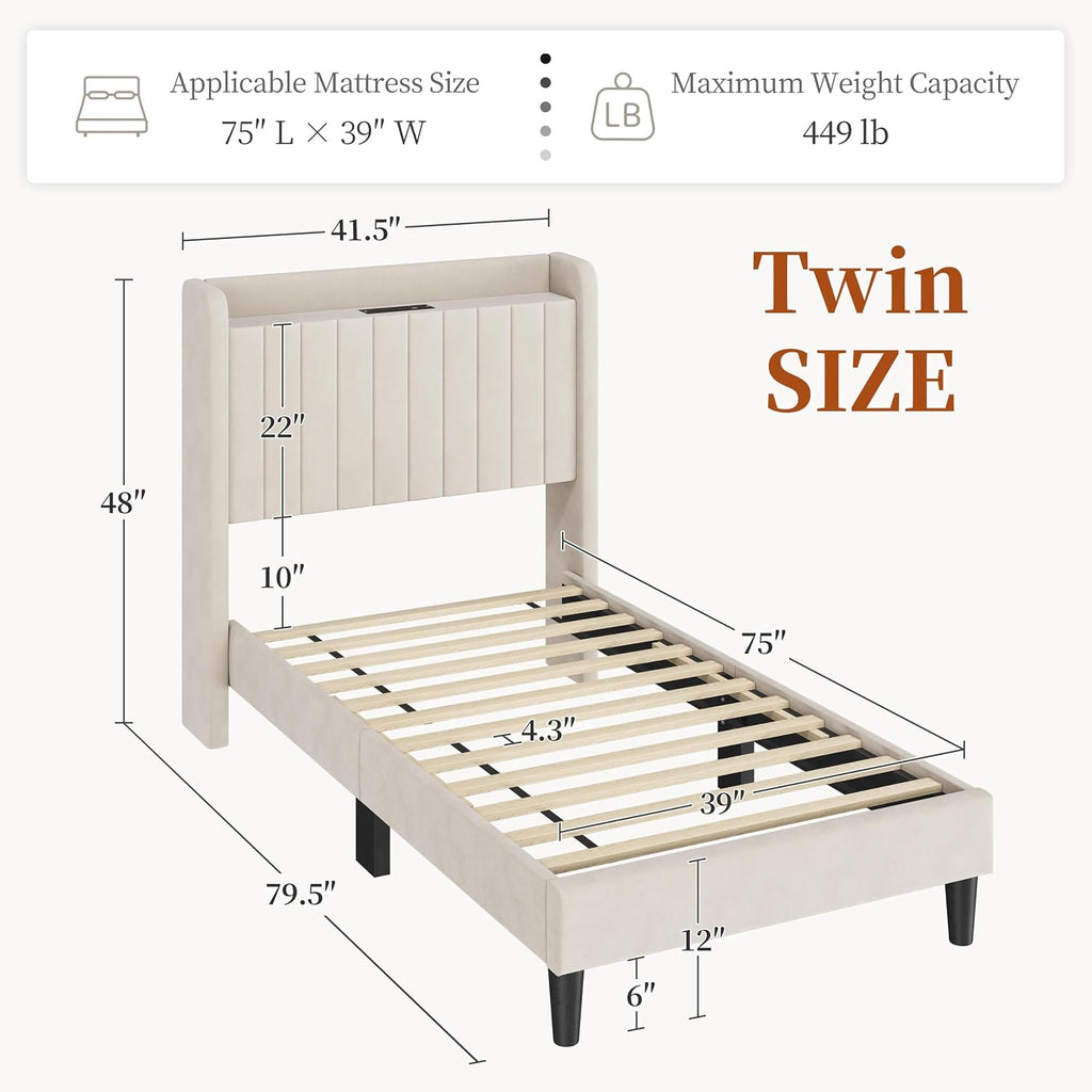 Beige Tufted‑Headboard Twin Bed Frame