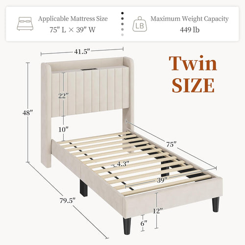 Beige Tufted‑Headboard Twin Bed Frame