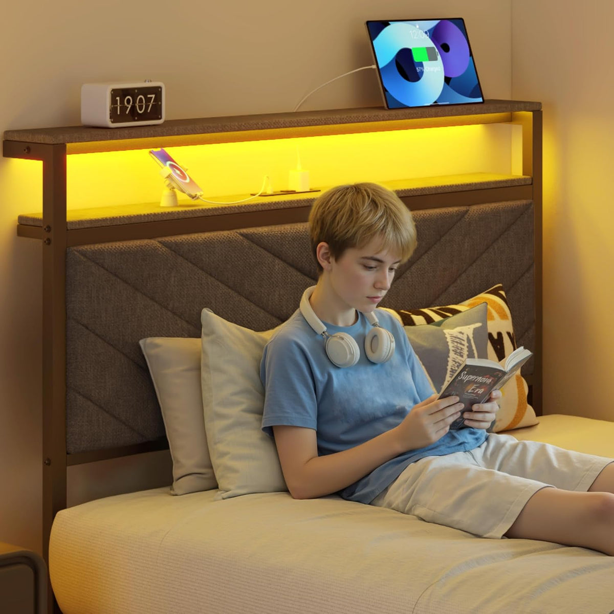 Grey LED Upholstered Twin Storage Bed Frame
