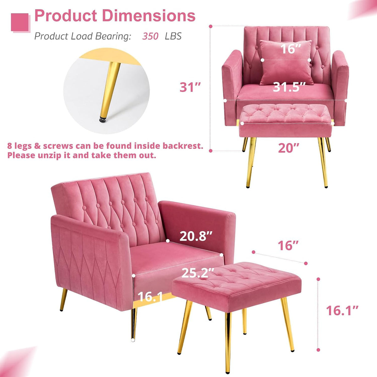 Pink Velvet Accent Chair With Ottoman