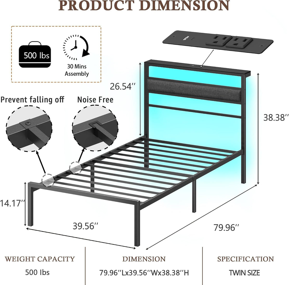 Black Shelved Upholstered Twin Bed Frame