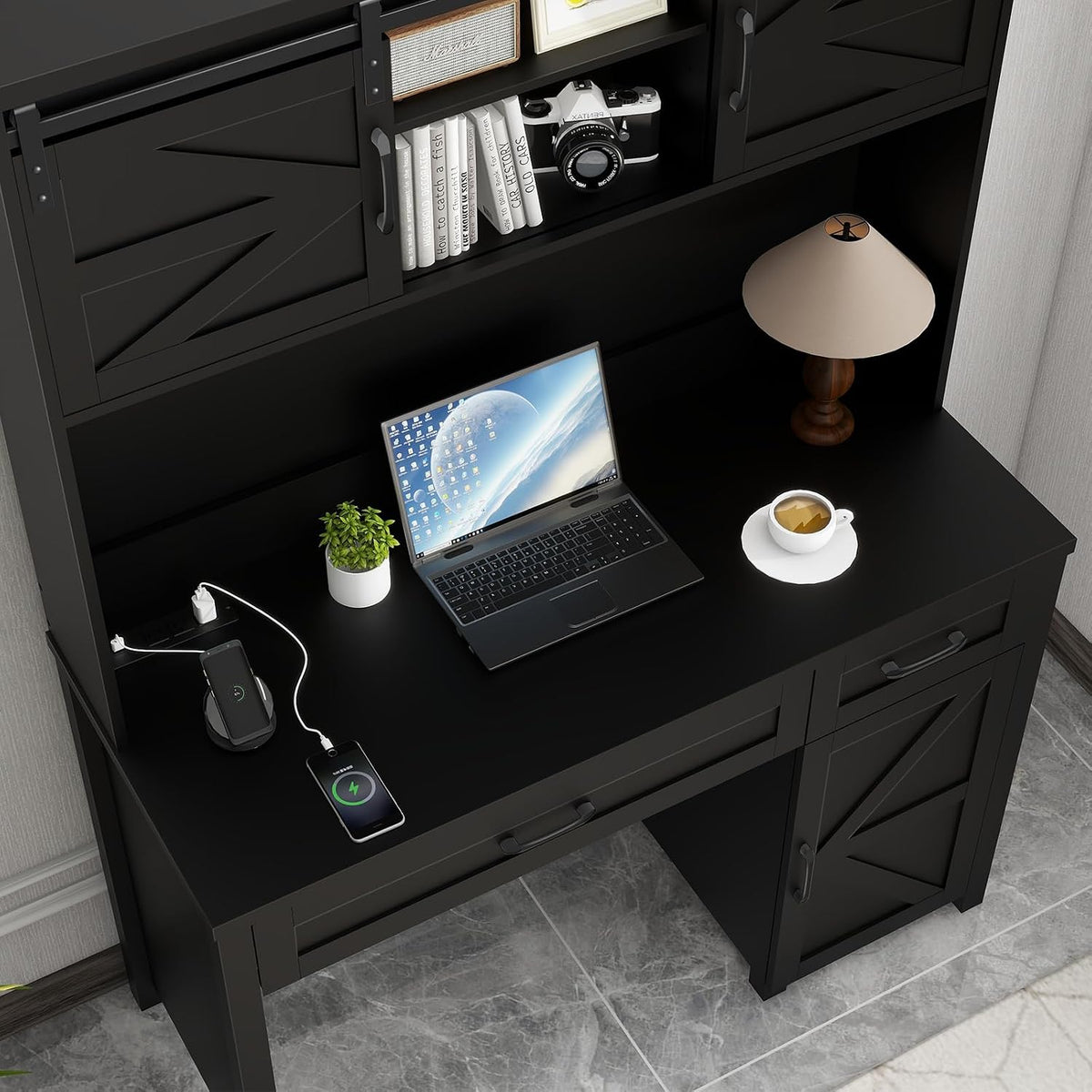 Black Hutch Farmhouse Home‑Office Desk