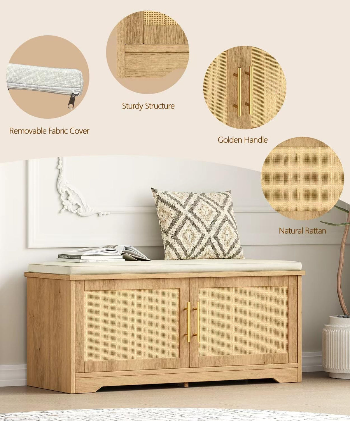 Natural Rattan Entryway Shoe Storage Bench