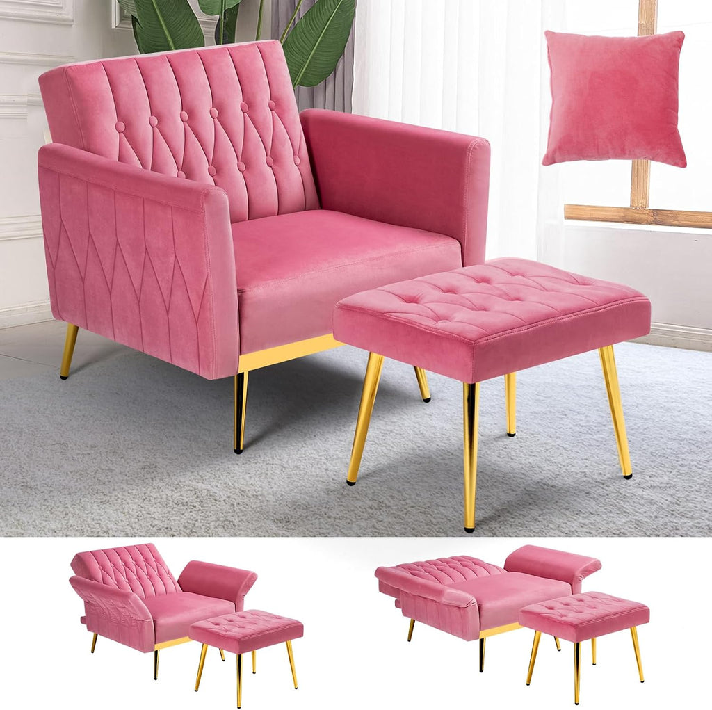 Pink Velvet Accent Chair With Ottoman