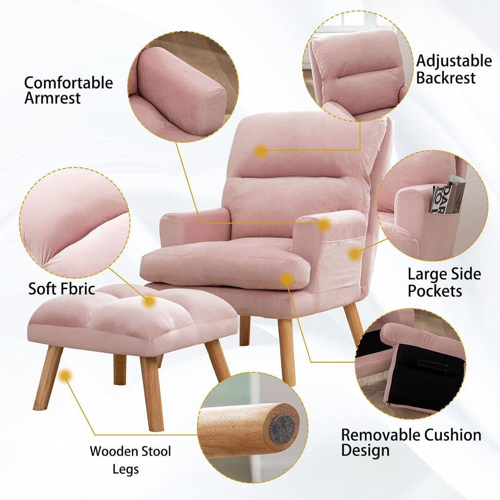 Pink Fabric Accent Chair With Ottoman