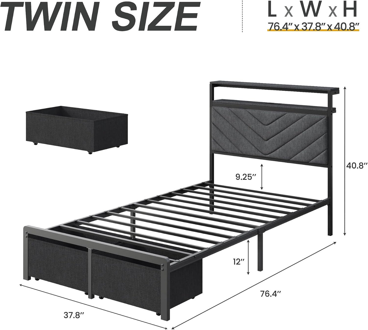 Grey LED Upholstered Twin Storage Bed Frame