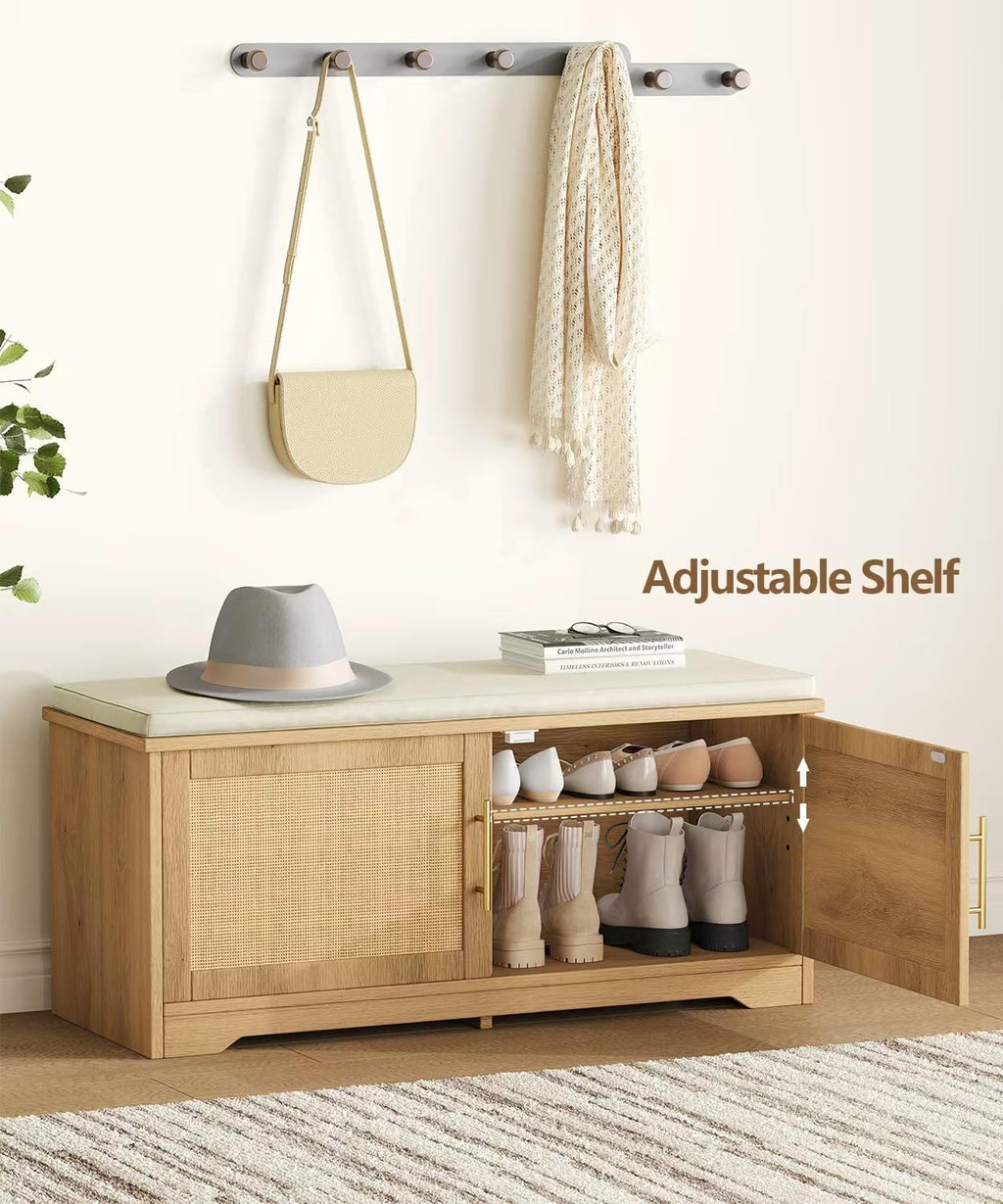 Natural Rattan Entryway Shoe Storage Bench