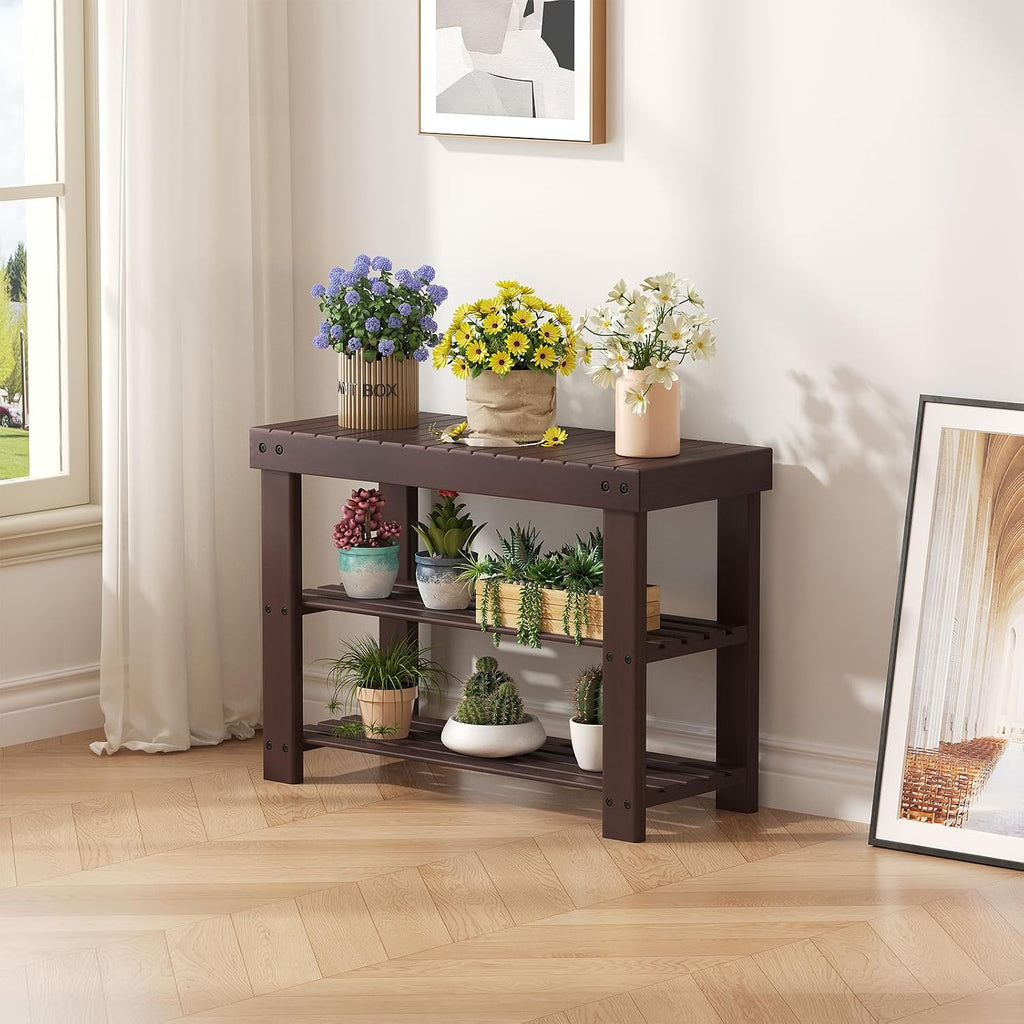 Brown Bamboo Entryway Shoe Storage Bench