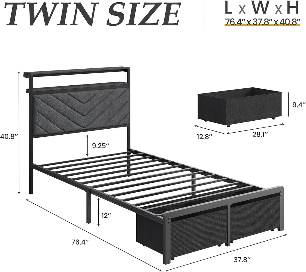 Grey LED Storage Upholstered Twin Bed Frame