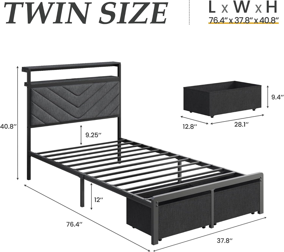 Grey LED Storage Upholstered Twin Bed Frame