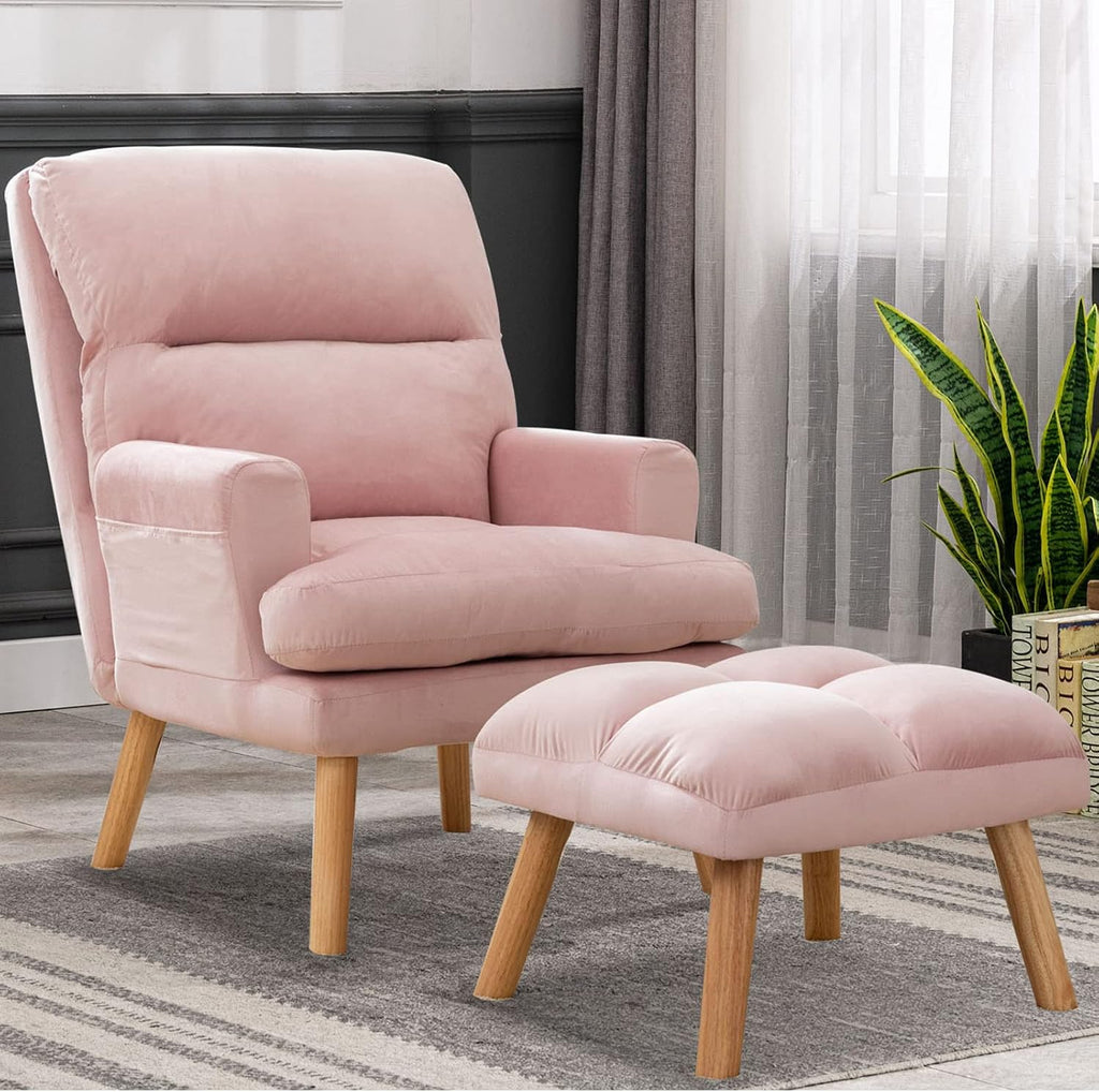 Pink Fabric Accent Chair With Ottoman