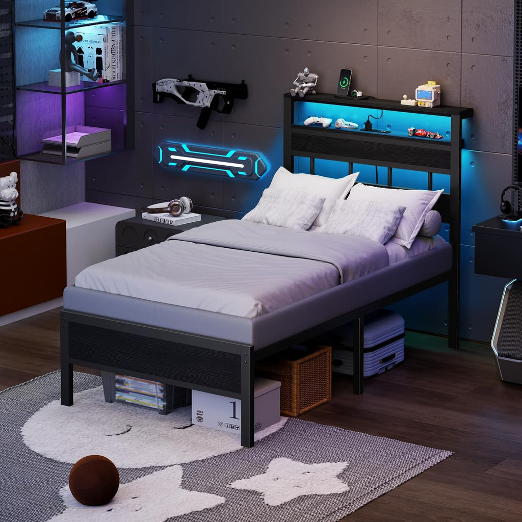 Black Oak LED Charging‑Station Twin Bed Frame