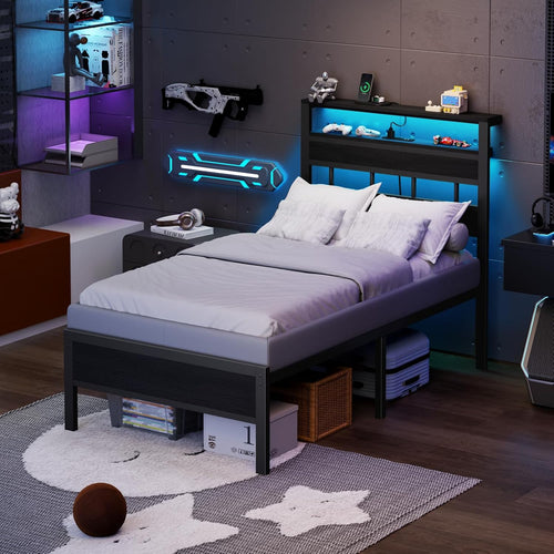 Black Oak LED Charging‑Station Twin Bed Frame