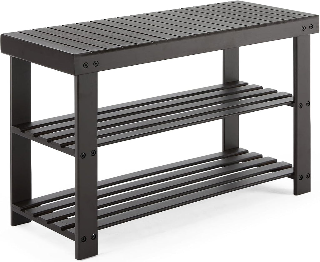 Brown Bamboo Entryway Shoe Storage Bench