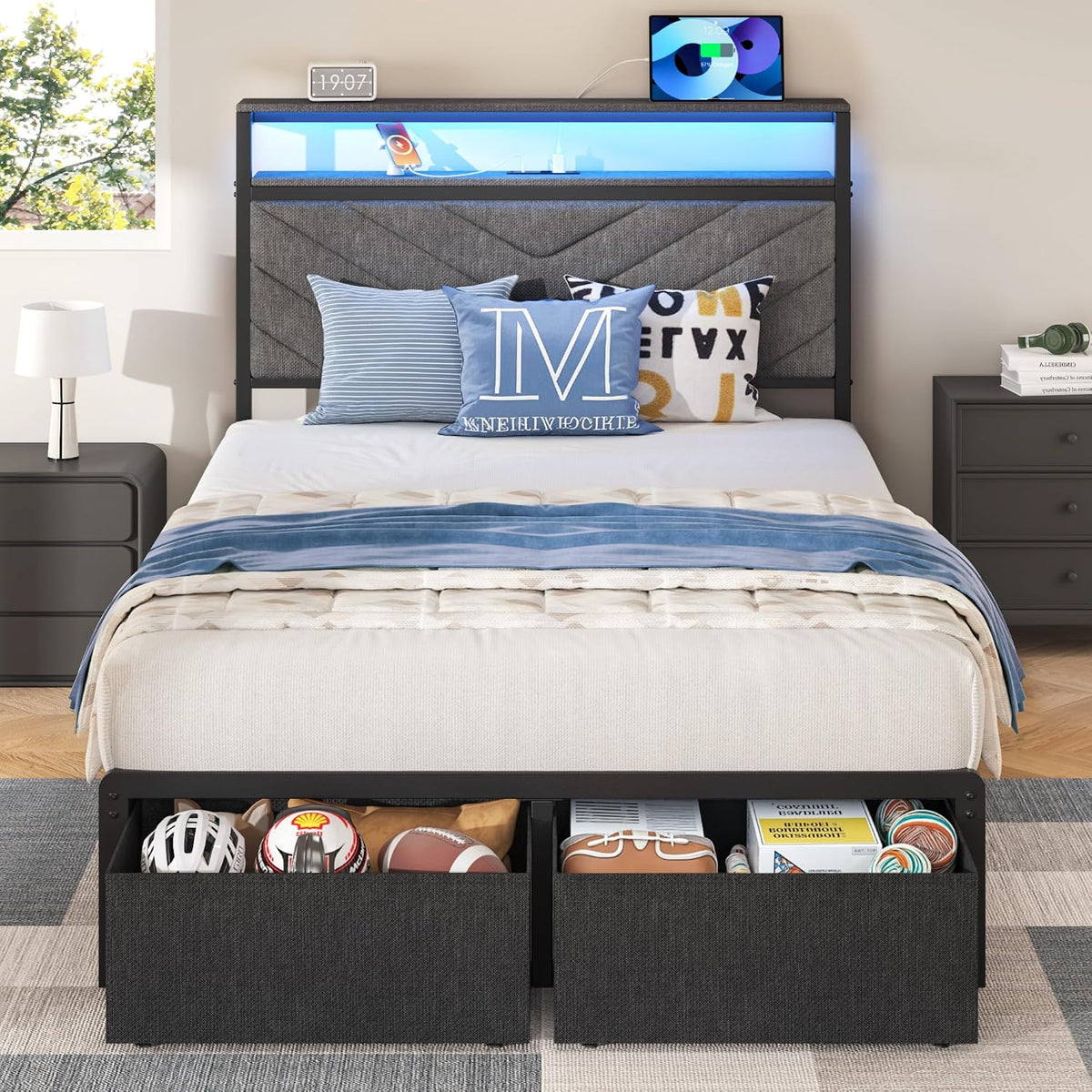 Grey LED Upholstered Twin Storage Bed Frame