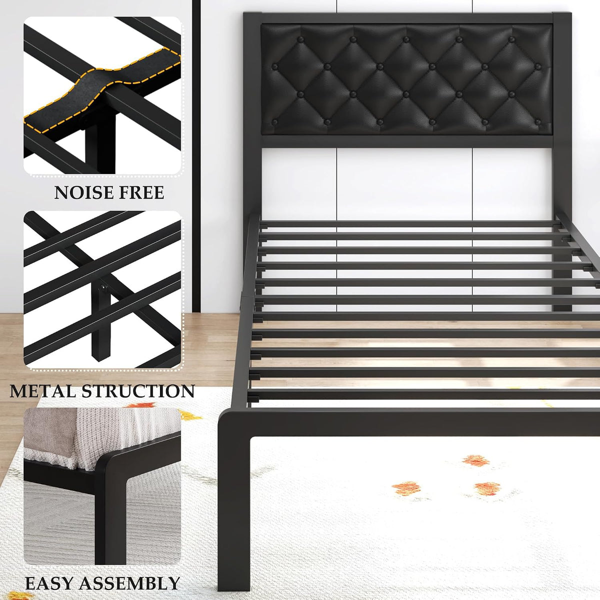 Black Tufted Upholstered Twin Bed Frame
