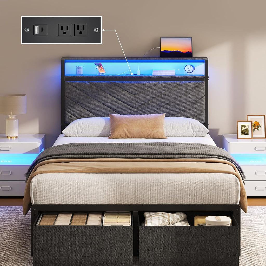 Grey LED Storage Upholstered Twin Bed Frame