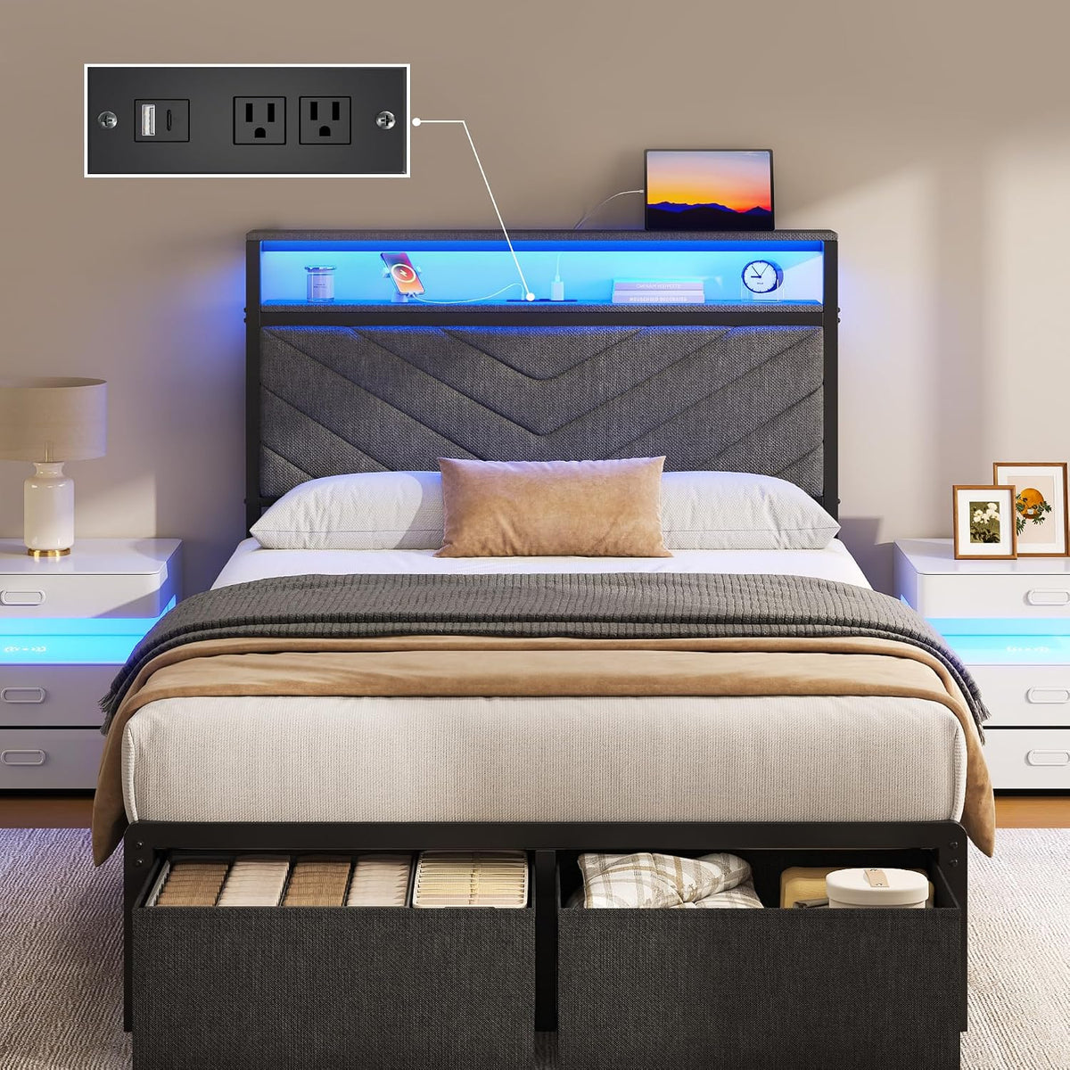 Grey LED Storage Upholstered Twin Bed Frame