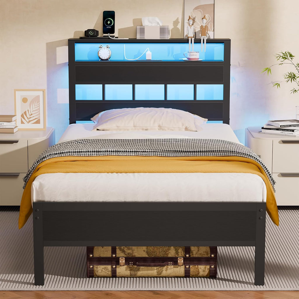 Black Oak LED Charging‑Station Twin Bed Frame