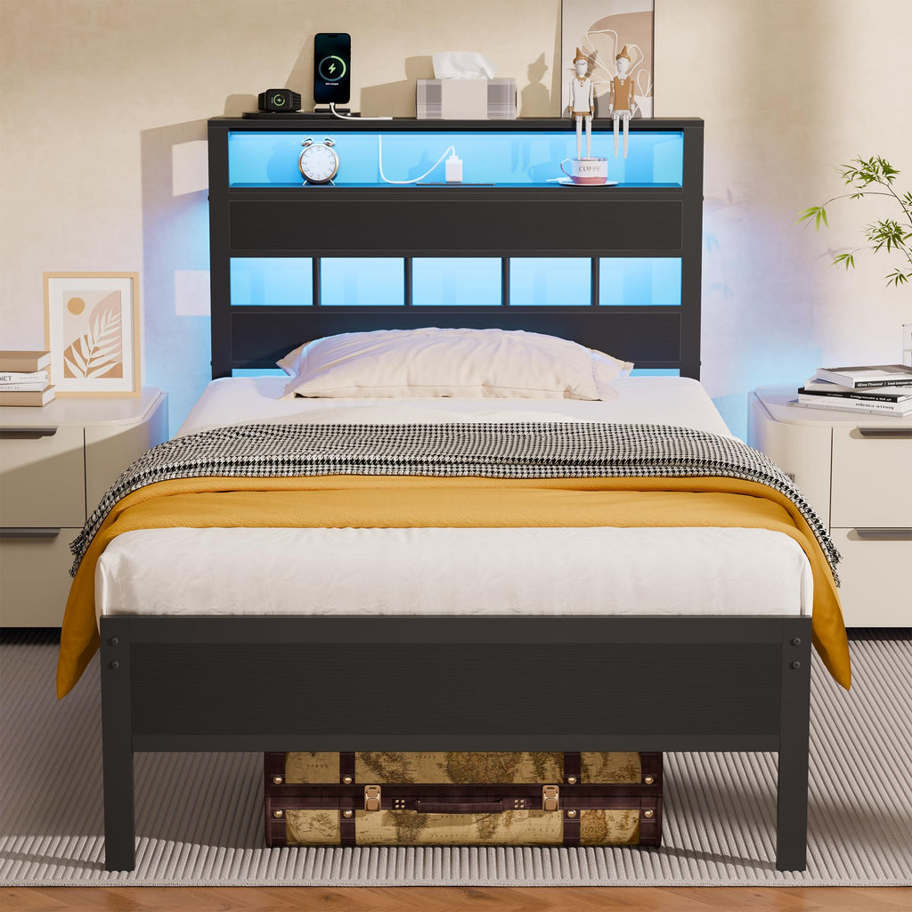 Black Oak LED Charging‑Station Twin Bed Frame