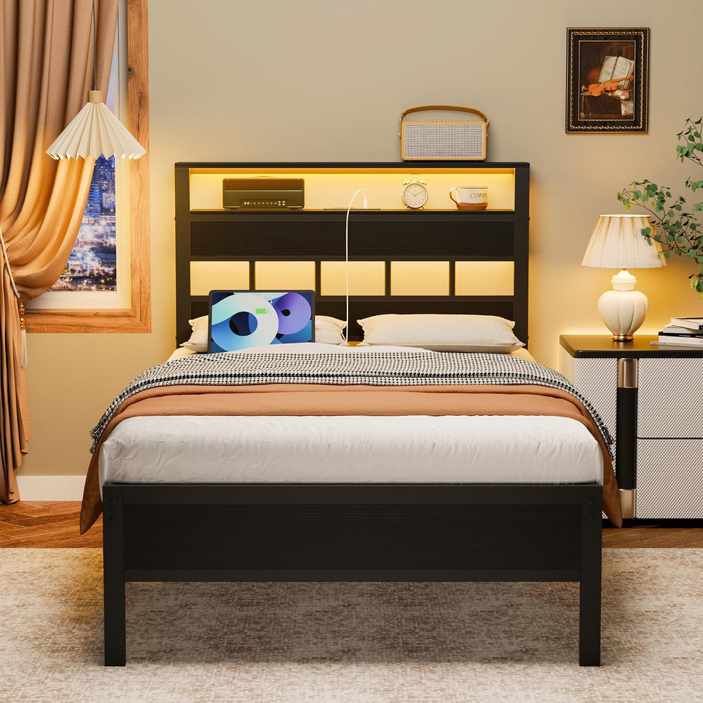 Black Oak LED Charging‑Station Twin Bed Frame