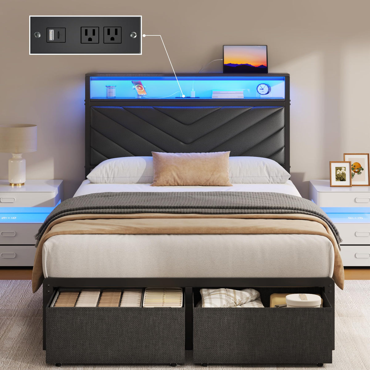 Grey LED Storage Upholstered Twin Bed Frame