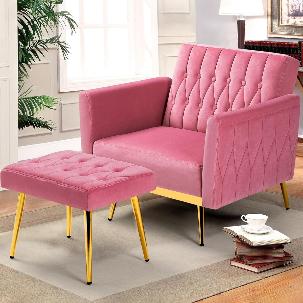 Pink Velvet Accent Chair With Ottoman