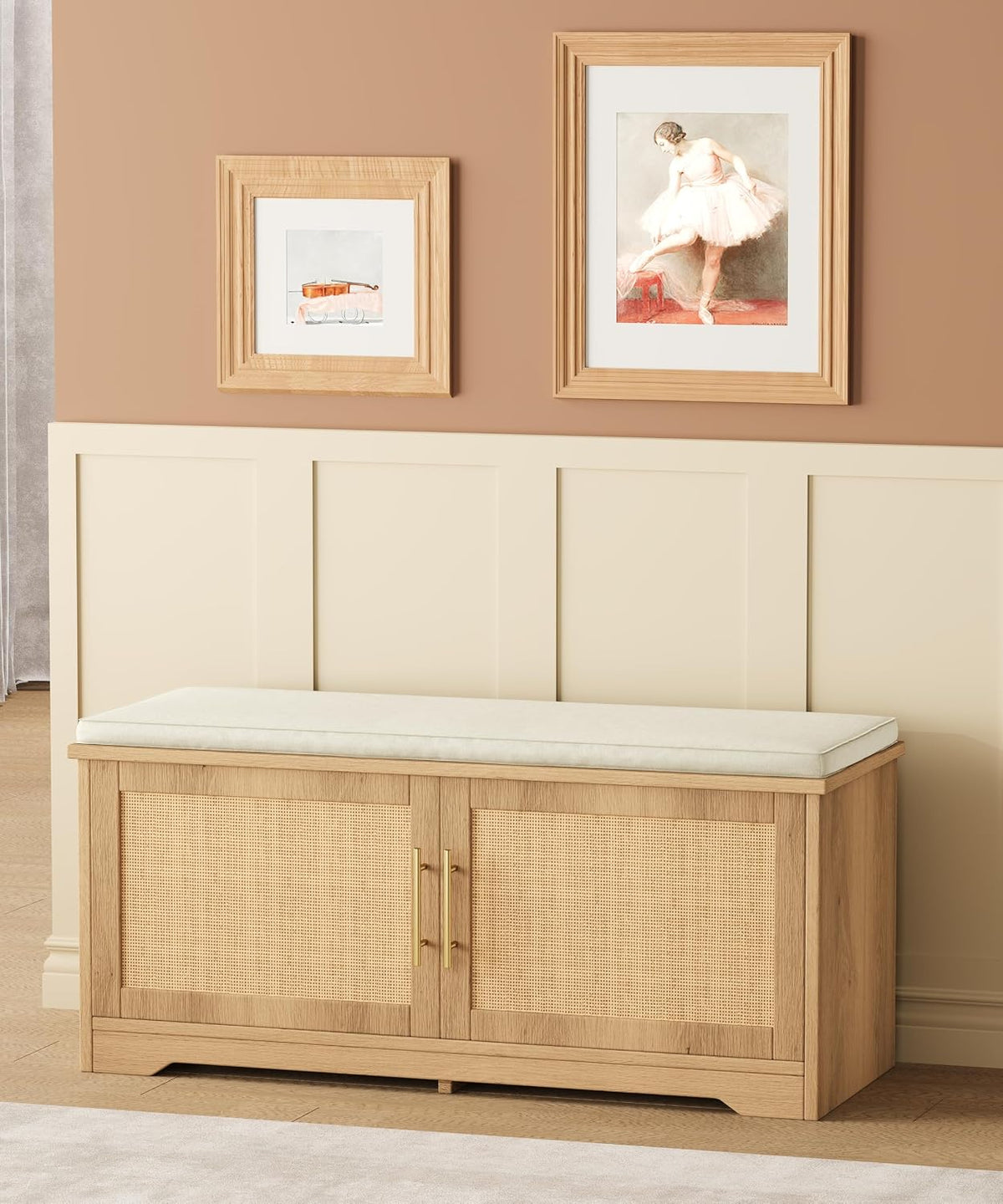 Natural Rattan Entryway Shoe Storage Bench
