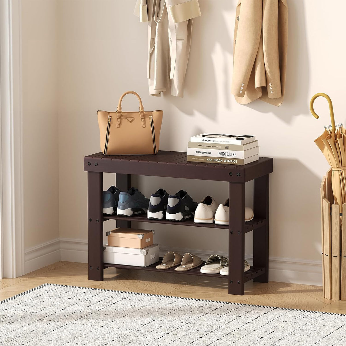 Brown Bamboo Entryway Shoe Storage Bench