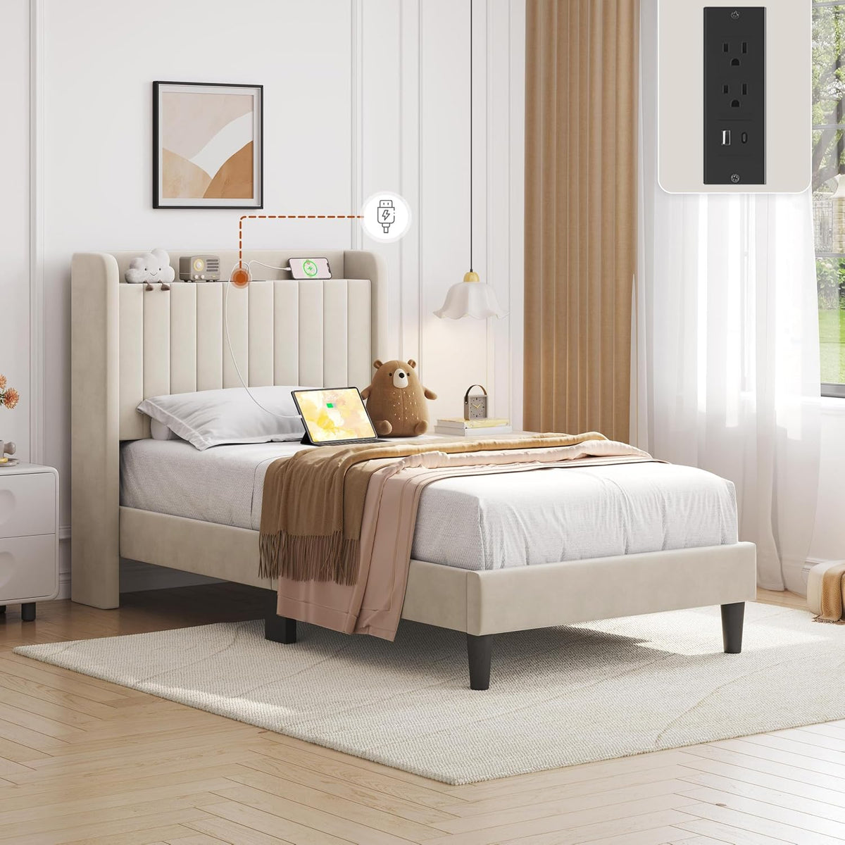 Beige Tufted‑Headboard Twin Bed Frame