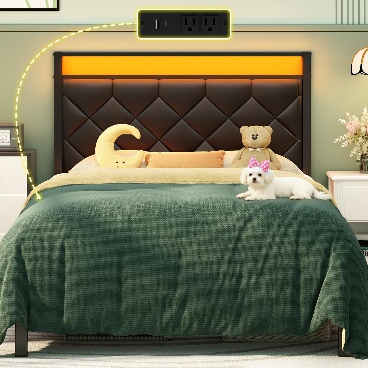 Black LED Leather Upholstered Twin Bed Frame