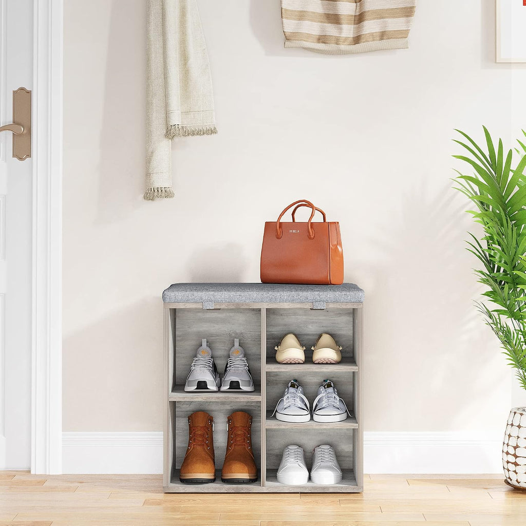 Grey Cushioned Entryway Shoe Storage Bench