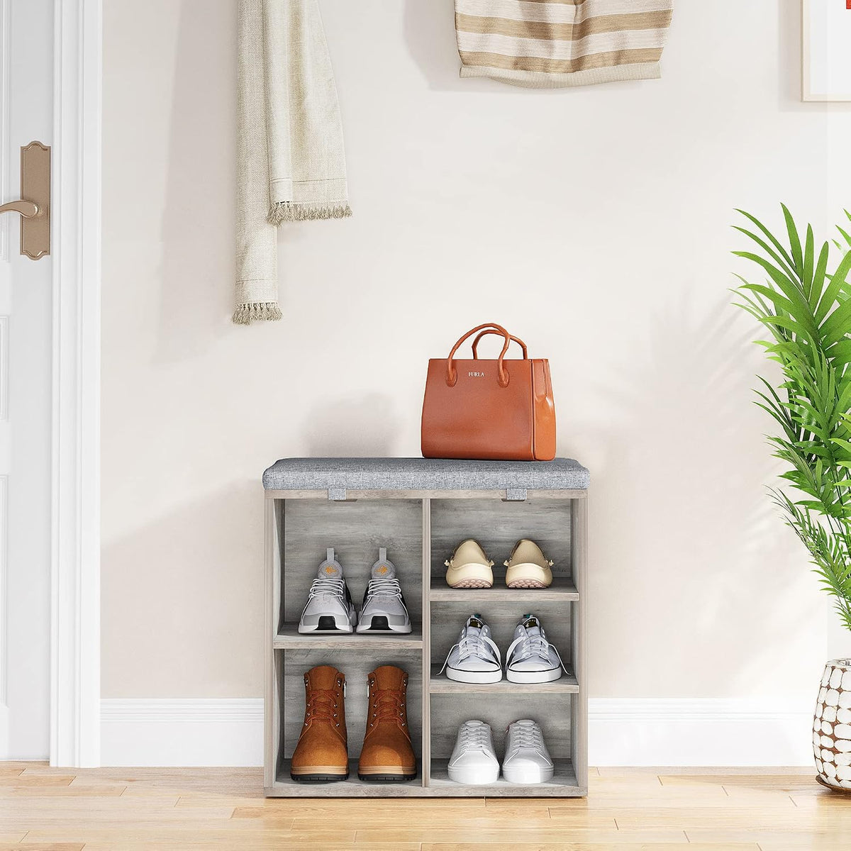 Grey Cushioned Entryway Shoe Storage Bench