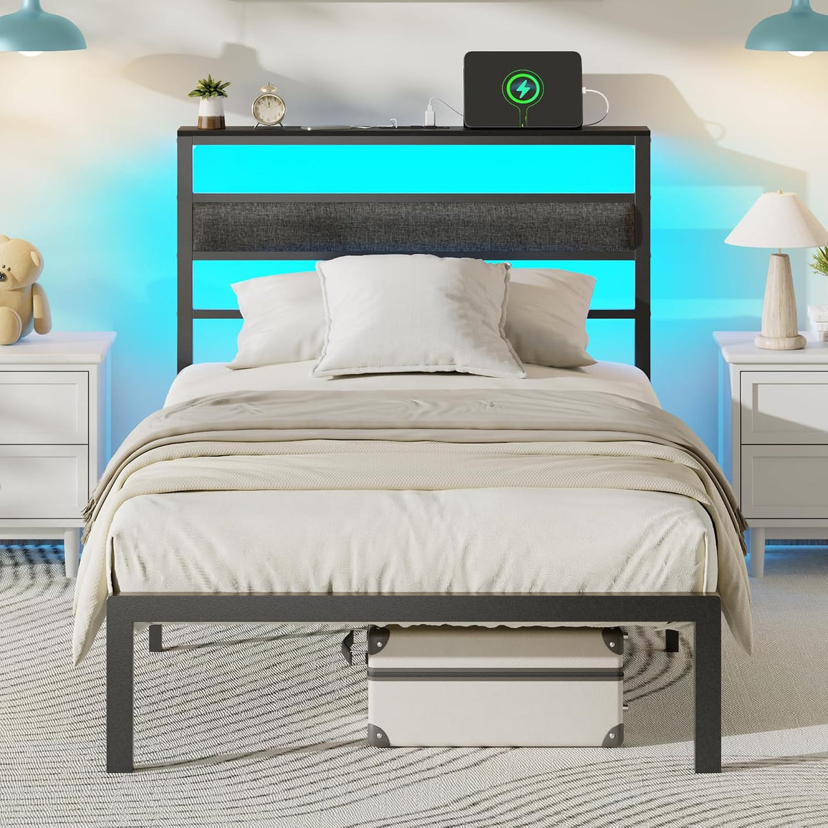 Black Shelved Upholstered Twin Bed Frame
