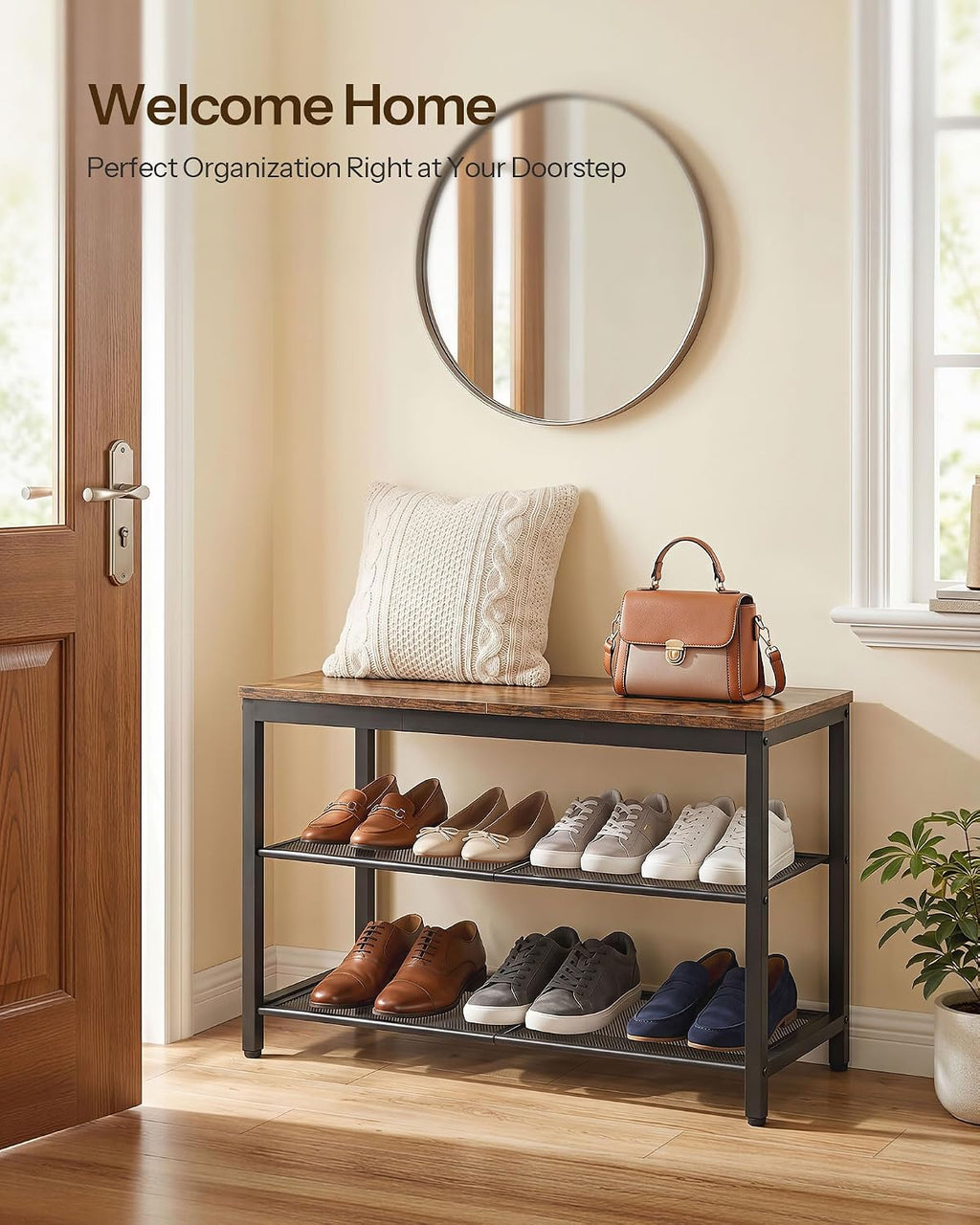 Rustic‑Brown Industrial Entryway Shoe Bench