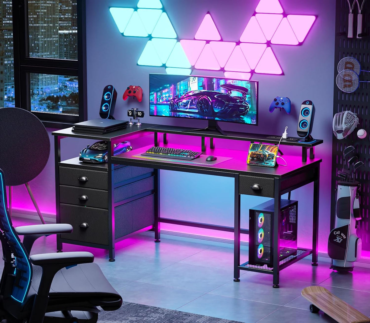 Black LED Storage Home‑Office Gaming Desk