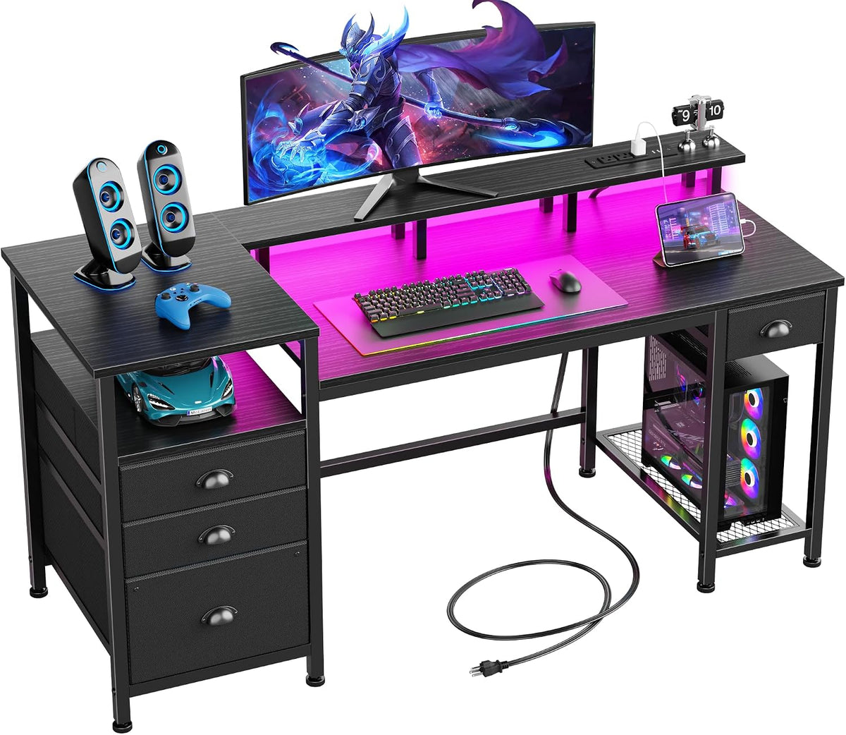 Black LED Storage Home‑Office Gaming Desk