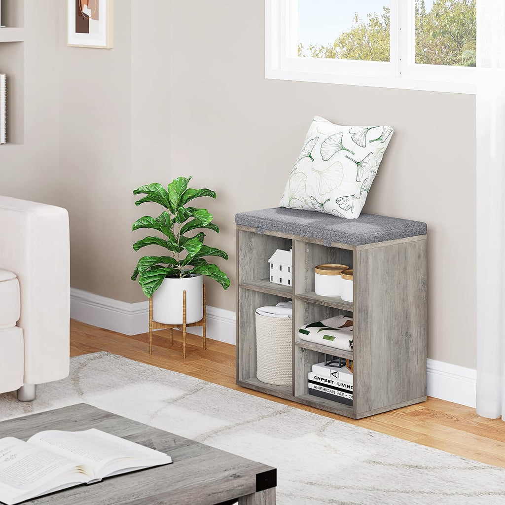 Grey Cushioned Entryway Shoe Storage Bench