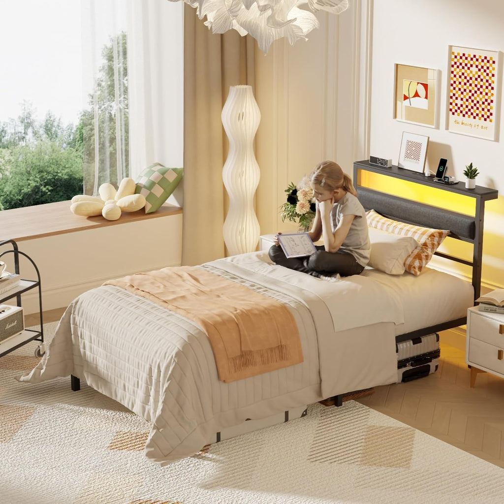 Black Shelved Upholstered Twin Bed Frame