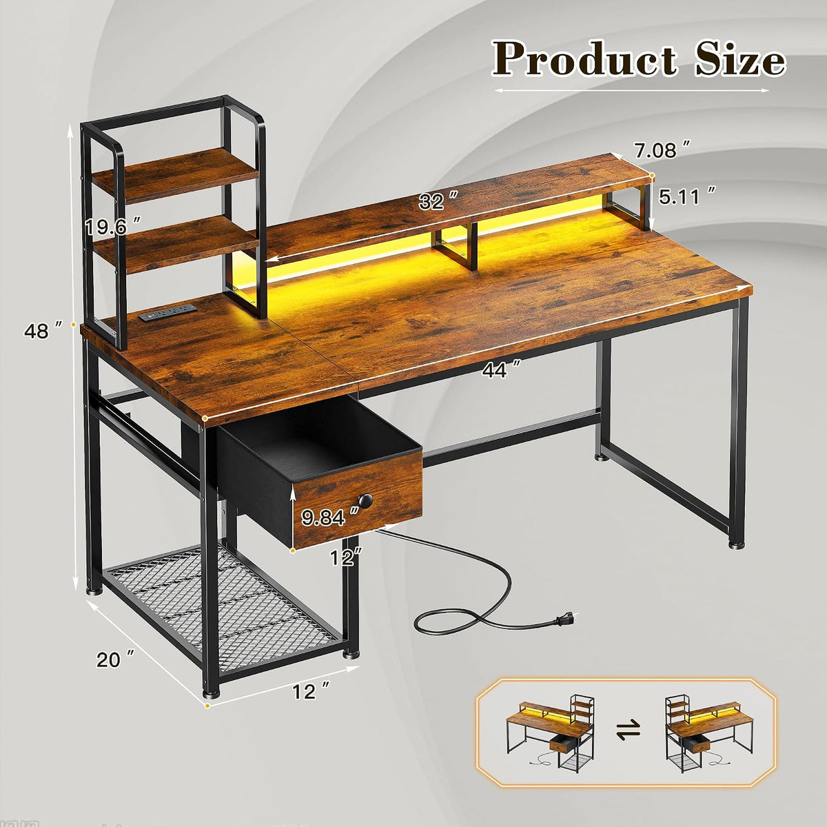 Brown Hutch‑Shelves Home Computer Desk